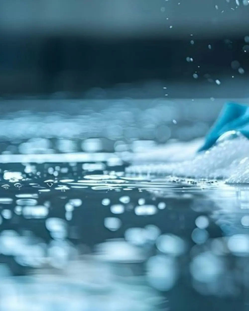 A gloved hand working a cleaning cloth across a wet floor surface